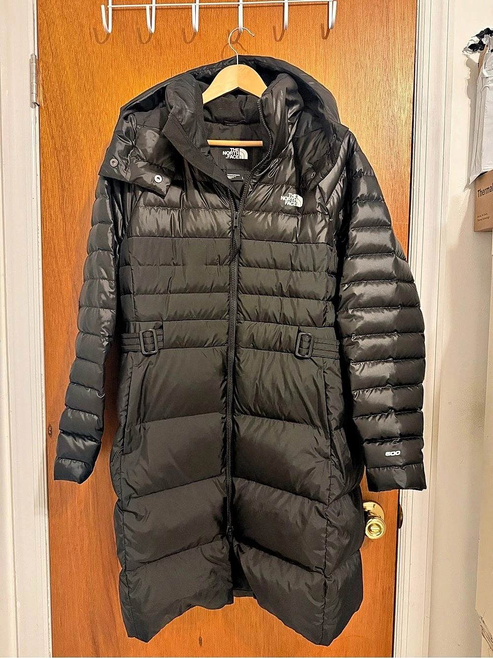 The North Face 600 Fill Down Belted Long Puffer Coat Black size L
